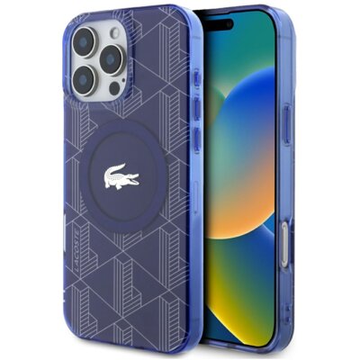 Etui LACOSTE HC IML Monogram Silver Croc Logo MagSafe do Apple iPhone 16 Pro Granatowy