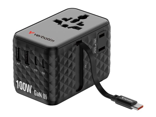 VERBATIM Charge 'n' Travel 100W Adapter with retractable cable black 30191