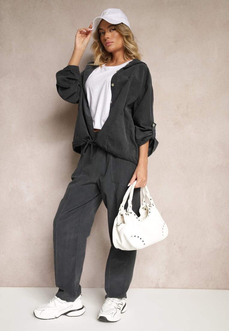 Ciemnoszare Bawełniane Spodnie High Waist w Klasycznym Stylu Arivora