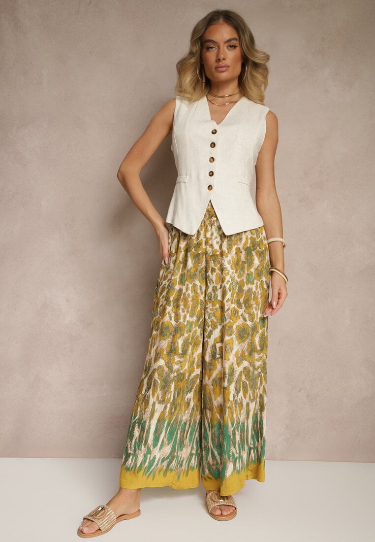 Beżowo-Żółte Szerokie Spodnie z Wiskozy High Waist Ellirelle