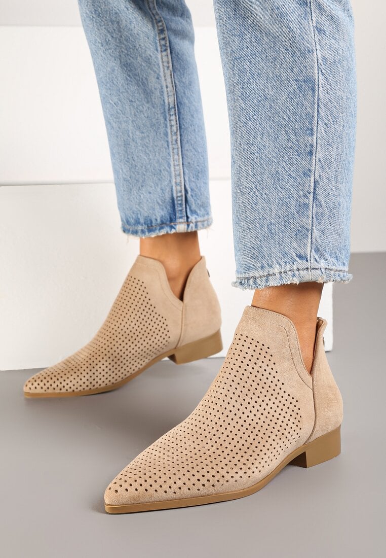 Beżowe Płaskie Botki Vices z Ażurową Cholewką Ozdobione Wycięciem Selanis