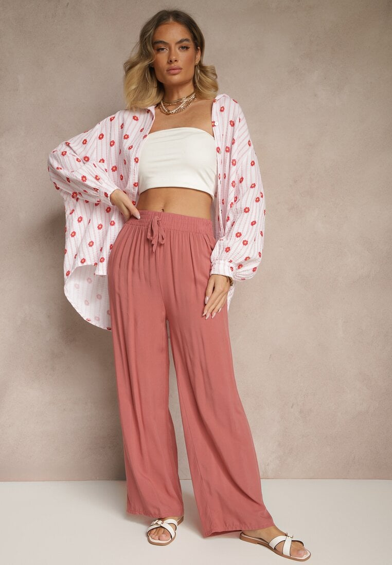 Różowe Szerokie Spodnie z Wiskozy High Waist Naivella
