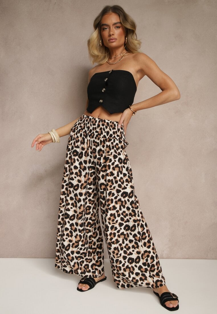 Czarno-Beżowe Panterkowe Spodnie z Wiskozy High Waist Ellilune