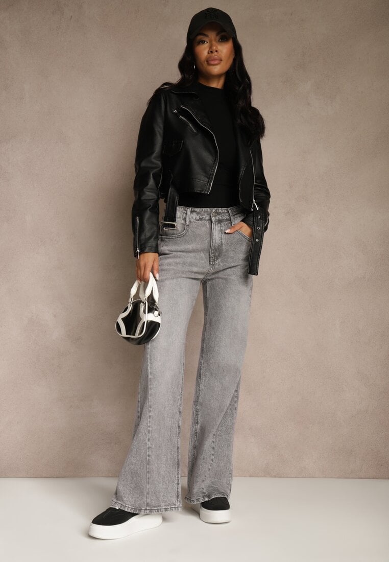 Szare Szerokie Jeansy z Bawełny High Waist Ozdobione Przetarciami Orryna