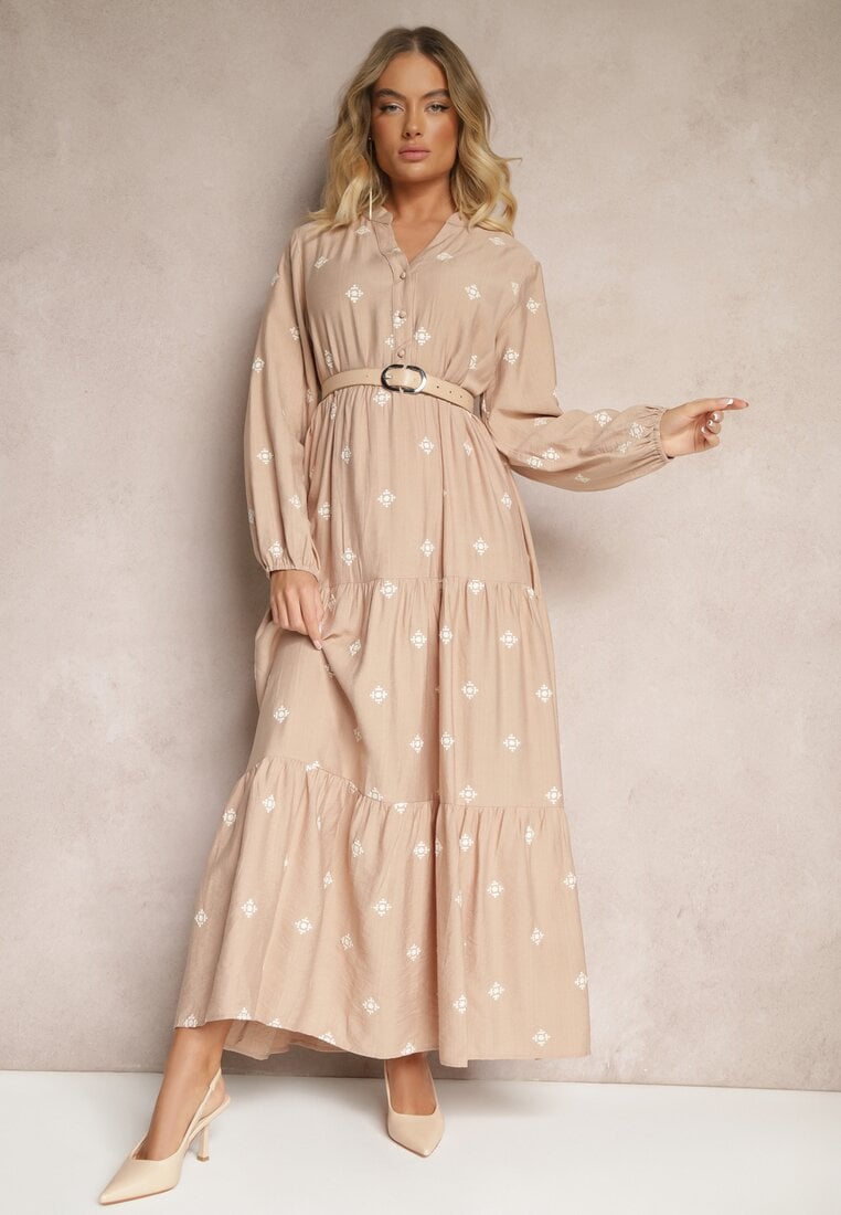 Beżowa Wiskozowa Rozkloszowana Sukienka Ozdobiona Haftem Nalorwen
