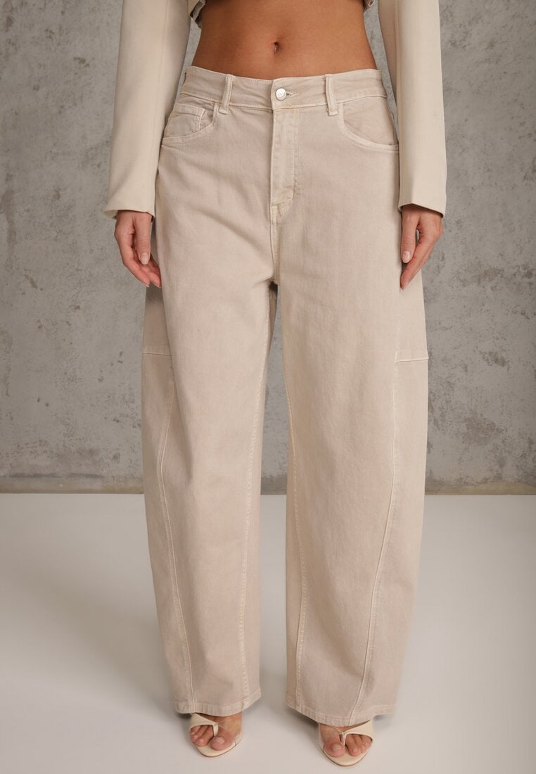 Beżowe Jeansy z Bawełny Typu Balloon High Waist Ozdobione Przeszyciami Eunaris