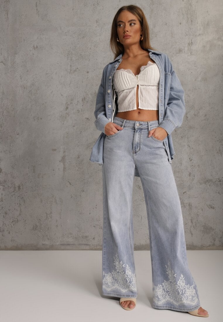 Niebieskie Jeansy Szerokie w Stylu Boho z Ozdobnym Nadrukiem na Nogawkach Endippe