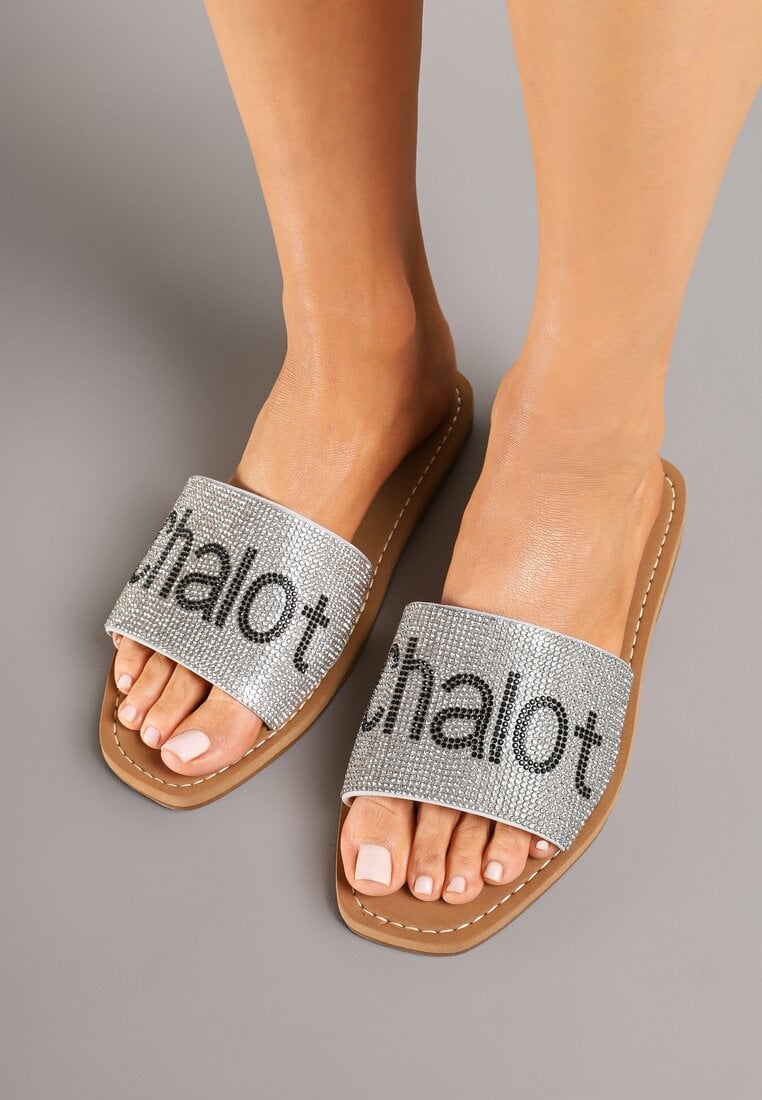 Srebrne Klapki na Płaskiej Podeszwie z Napisem Tulevelis