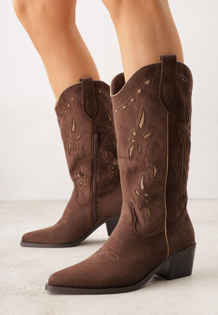 Brązowe Ażurowe Botki Kowbojki na Stożku z Imitacji Zamszu Hephiane