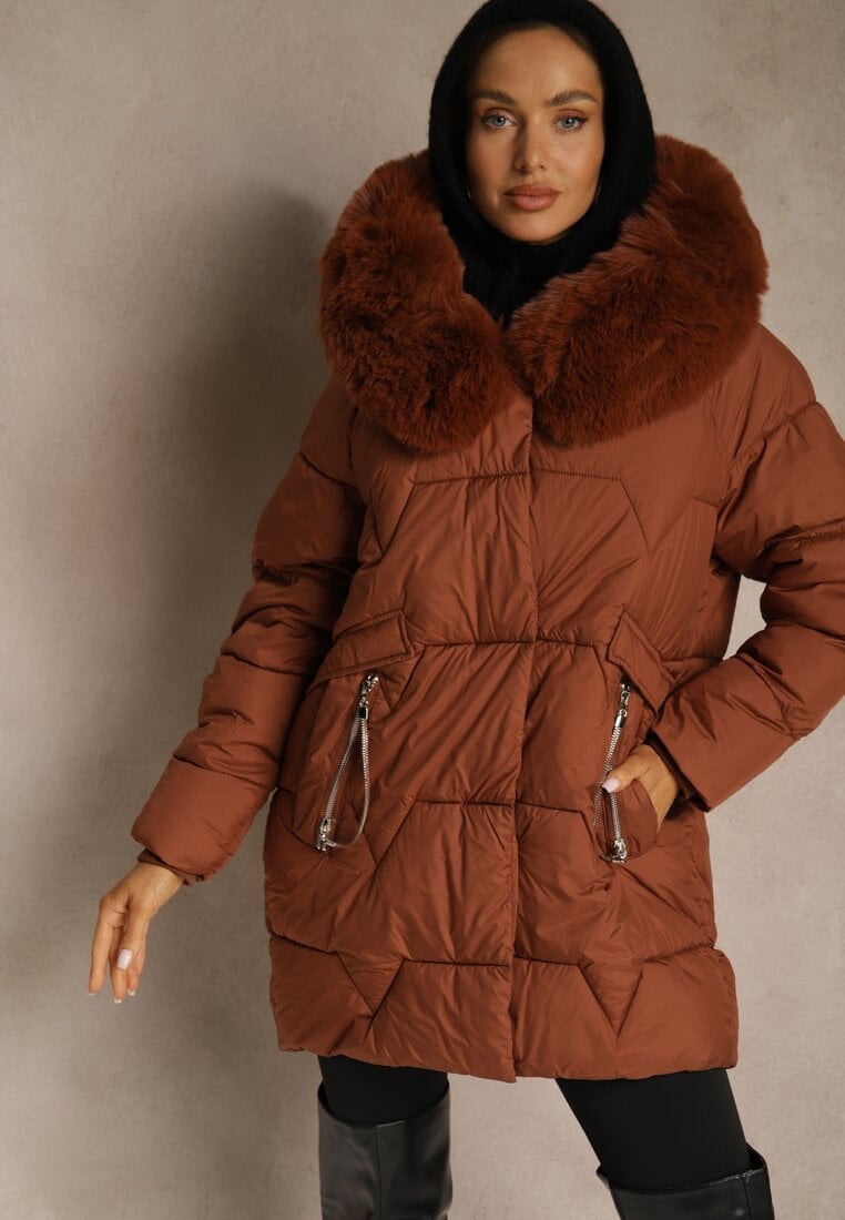 Brązowa Pudełkowa Kurtka Pikowana Ozdobiona Odpinanym Futerkiem i Suwakiem Hedizelle