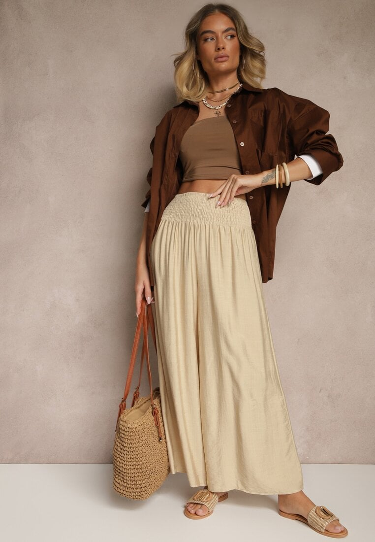 Beżowe Spodnie z Wiskozą o Szerokim Kroju High Waist Orrana