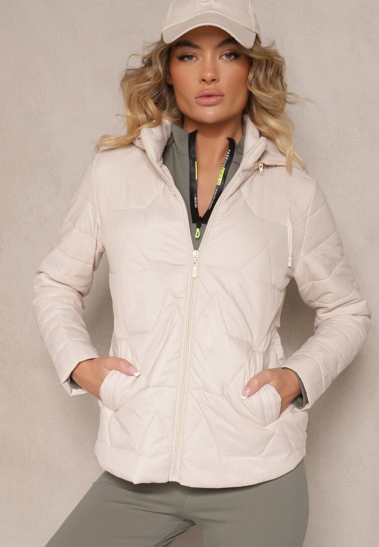 Ciemnobeżowa Kurtka z Geometrycznym Pikowaniem i Kapturem Lilidi