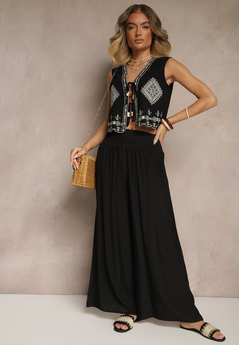 Czarne Spodnie z Wiskozą o Szerokim Kroju High Waist Orrana