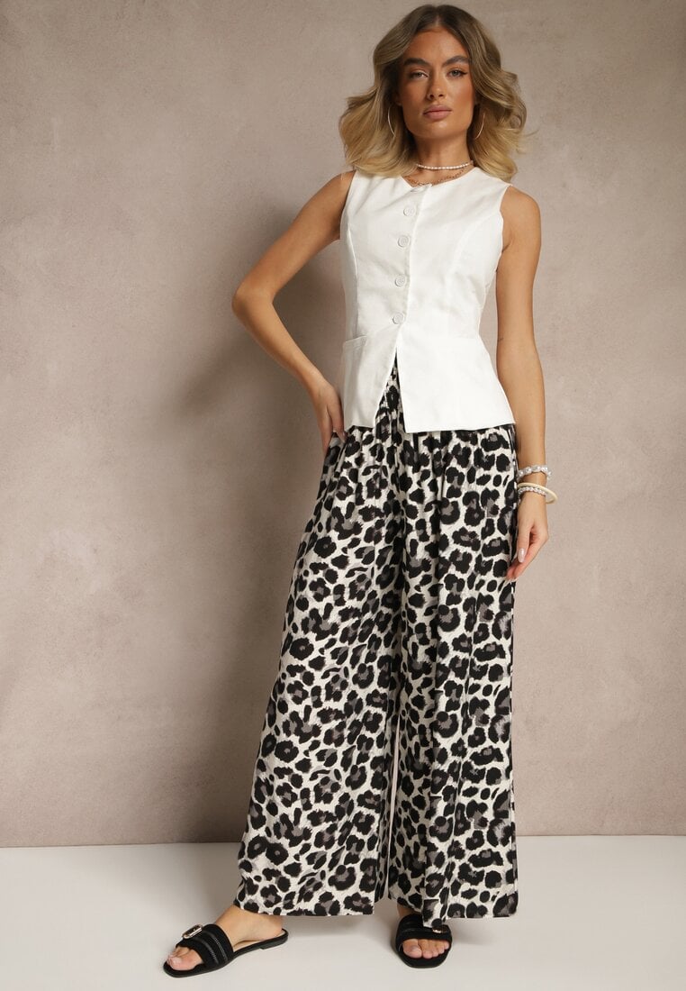 Czarno-Białe Panterkowe Spodnie z Wiskozy High Waist Ellilune
