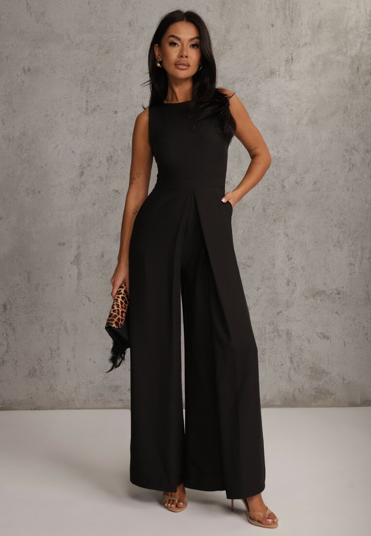 Czarny Taliowany Kombinezon Ozdobiony Zakładkami Berinola