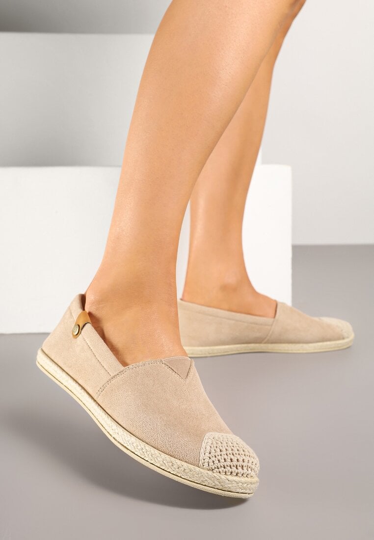 Ciemnobeżowe Espadryle z Elastyczną Wstawką Zdobione Plecionką Kinellis