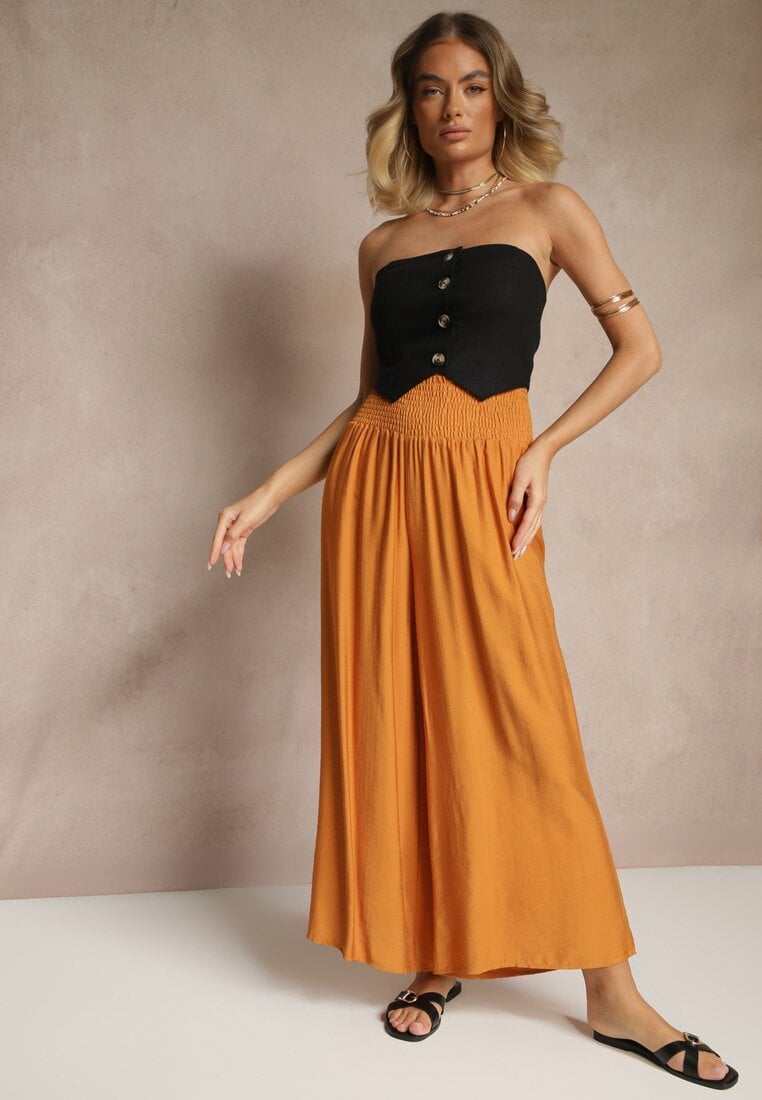 Pomarańczowe Spodnie z Wiskozą o Szerokim Kroju High Waist Orrana