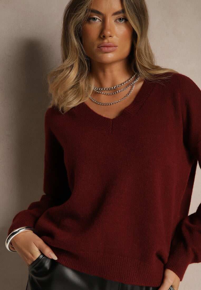 Bordowy Gładki Sweter z Bawełną o Kroju Oversize Conime