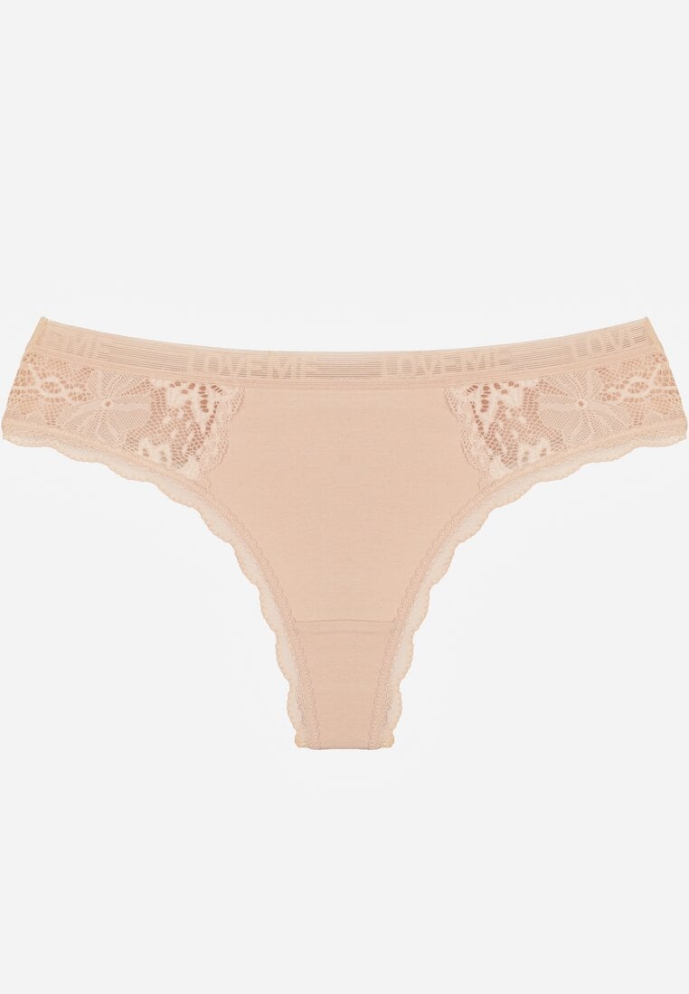 Beżowe Majtki Stringi Ozdobione Koronką z Bawełną Meniliphis