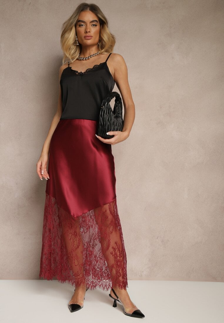 Bordowa Koktajlowa Spódnica z Satyny z Koronką Avelori