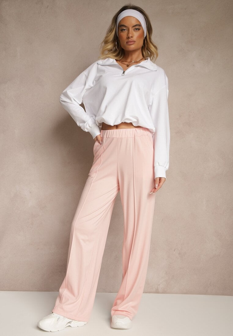 Jasnoróżowe Spodnie z Wiskozą o Szerokim Kroju Ozdobione Kantem Belhira