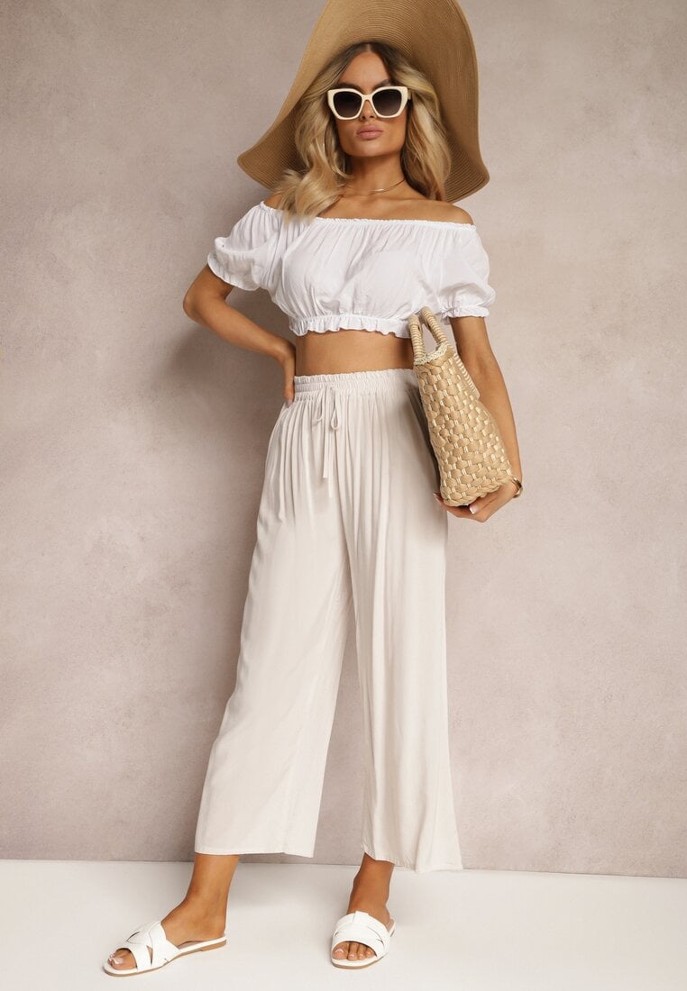 Jasnobeżowe Spodnie z Bawełny Typu Palazzo z Gumką w Talii Fieana