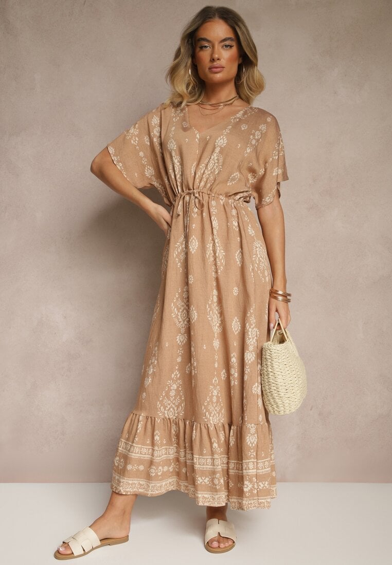 Ciemnobeżowa Rozkloszowana Sukienka z Falbanką w Print Boho z Wiskozą Tunova