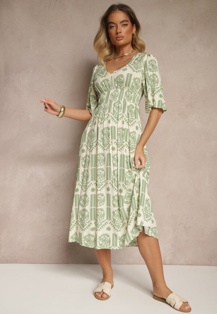 Zielono-Kremowa Sukienka Boho Rozkloszowana z Wiskozy z Odkrytymi Plecami Tuvria