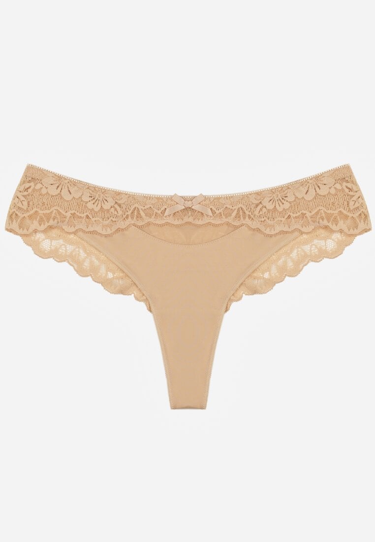 Beżowe Majtki Stringi Ozdobione Koronką Phisoris