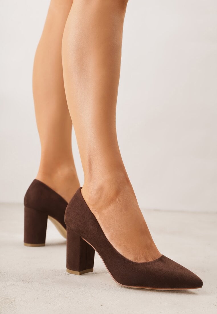 Ciemnobrązowe Casualowe Czółenka na Słupku Vices z Wkładką ze Skóry Naturalnej Maidra