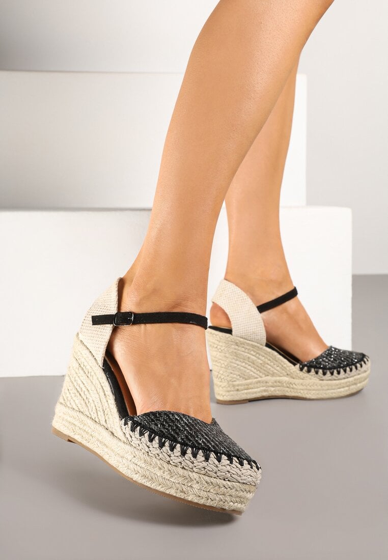 Czarne Sandały na Koturnie w Typie Espadryli Ozdobione Plecionką Akiora