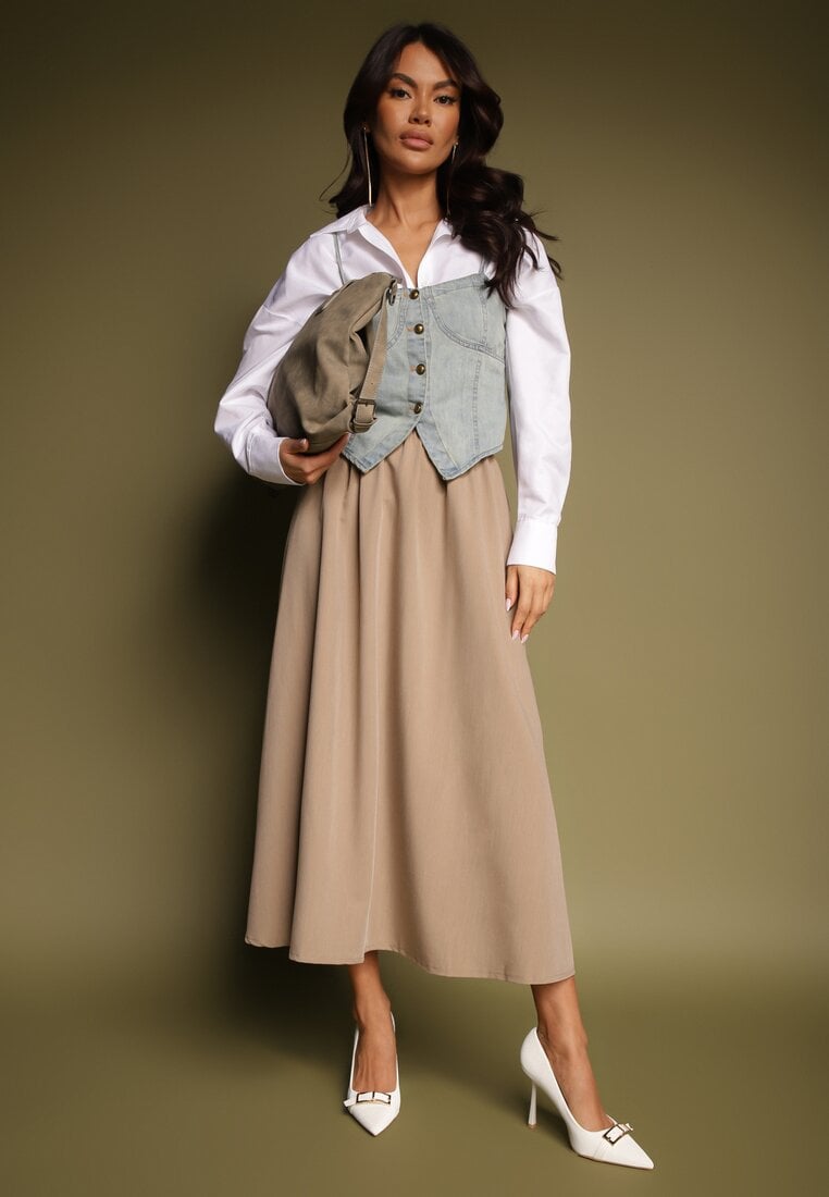 Beżowa Spódnica z Wiskozą o Rozkloszowanym Kroju Kenneira