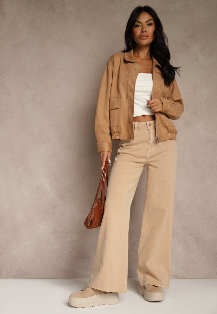 Beżowe Jeansy High Waist Wide Leg z Surowo Zakończonymi Nogawkami Rhelnell