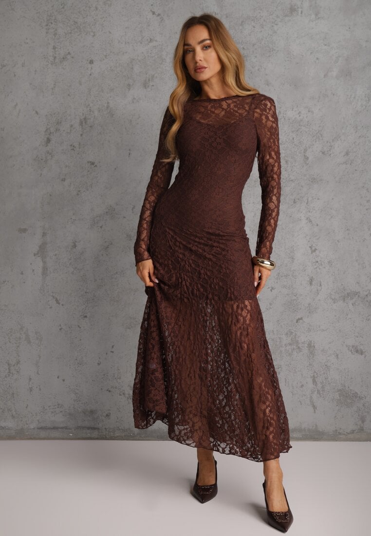 Brązowa Elegancka Sukienka z Koronki z Odkrytymi Plecami Lilafera