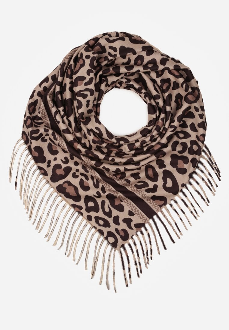 Brązowy Wiskozowy Szalik w Panterkę Wykończony Frędzlami Alefera