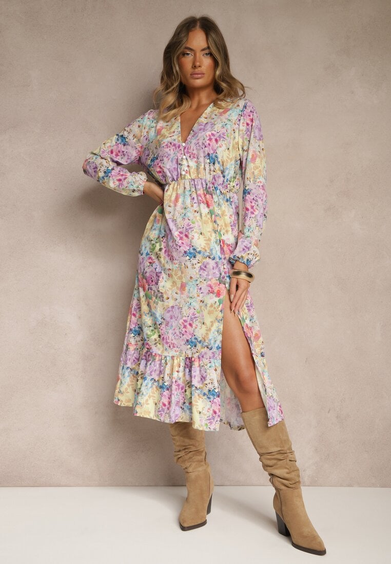 Żółta Sukienka w Kwiatowy Print o Rozkloszowanym Kroju z Dekoltem w Serek Janellia