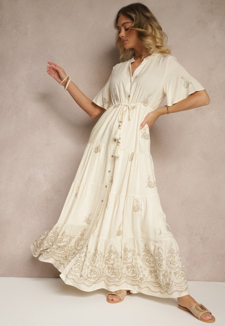 Beżowa Rozkloszowana Sukienka Boho z Wiskozy Zdobiona Haftem i Wiązaniem Falvania