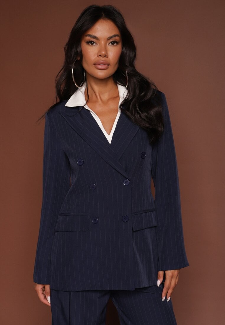 Granatowa Dwurzędowa Marynarka z Wiskozą i Usztywnianą Linią Ramion Ellirisa