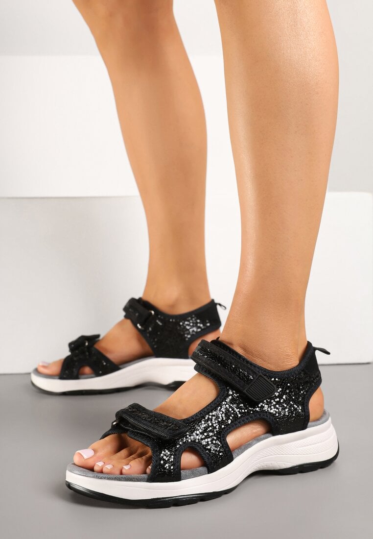 Czarne Metaliczne Sandały Vices w Sportowym Stylu z Zapięciem na Rzep Tanadoria