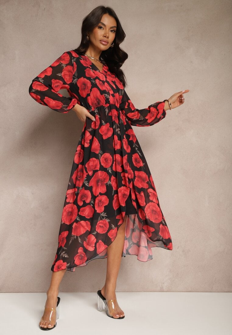 Czerwono-Czarna Asymetryczna Sukienka w Kwiaty o Kopertowym Kroju z Gumką w Talii Viradi