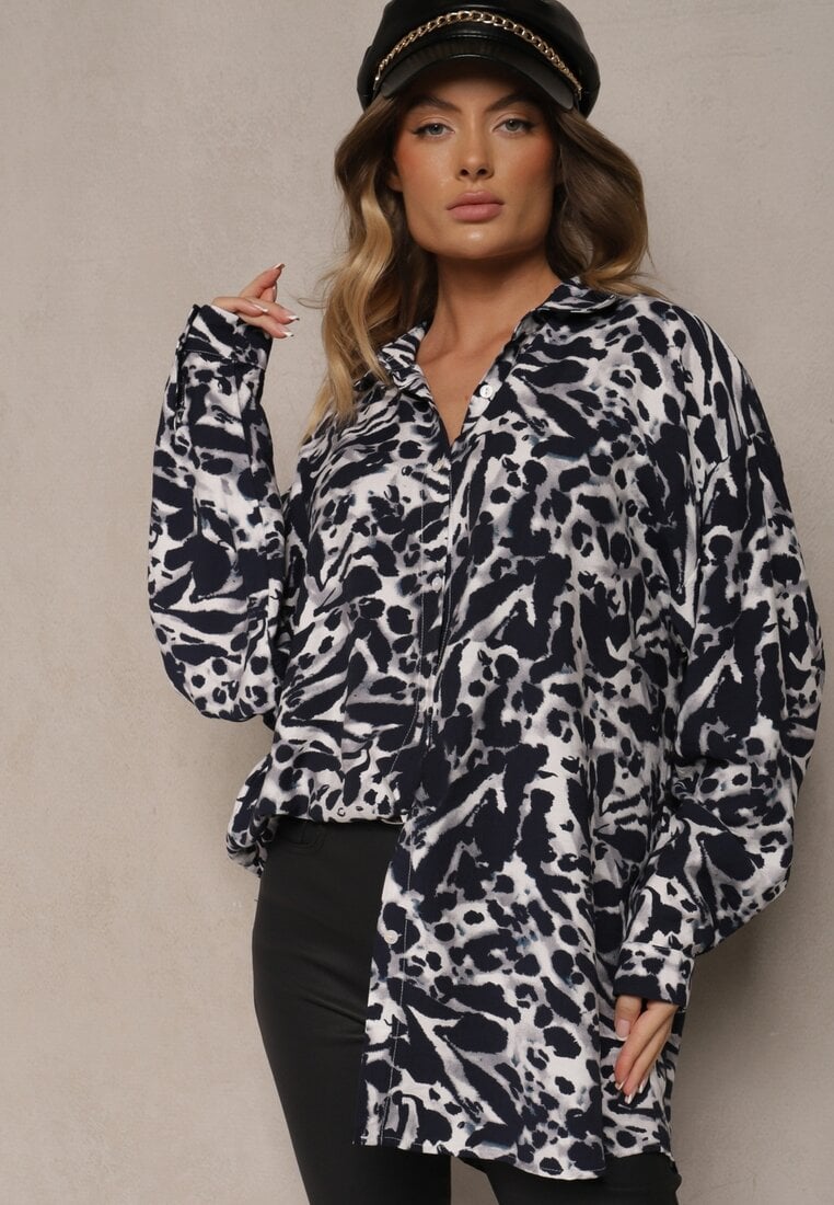 Granatowa Koszula z Wiskozy z Lnem i Abstrakcyjnym Wzorem Emariline