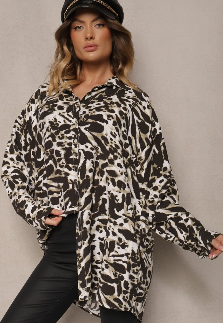 Ciemnobeżowa Koszula z Wiskozy z Lnem i Abstrakcyjnym Wzorem Emariline