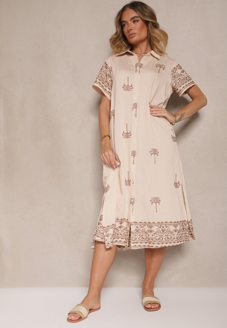 Beżowa Sukienka z Wiskozą o Pudełkowym Kroju z Kołnierzykiem z Haftem Sanavelle