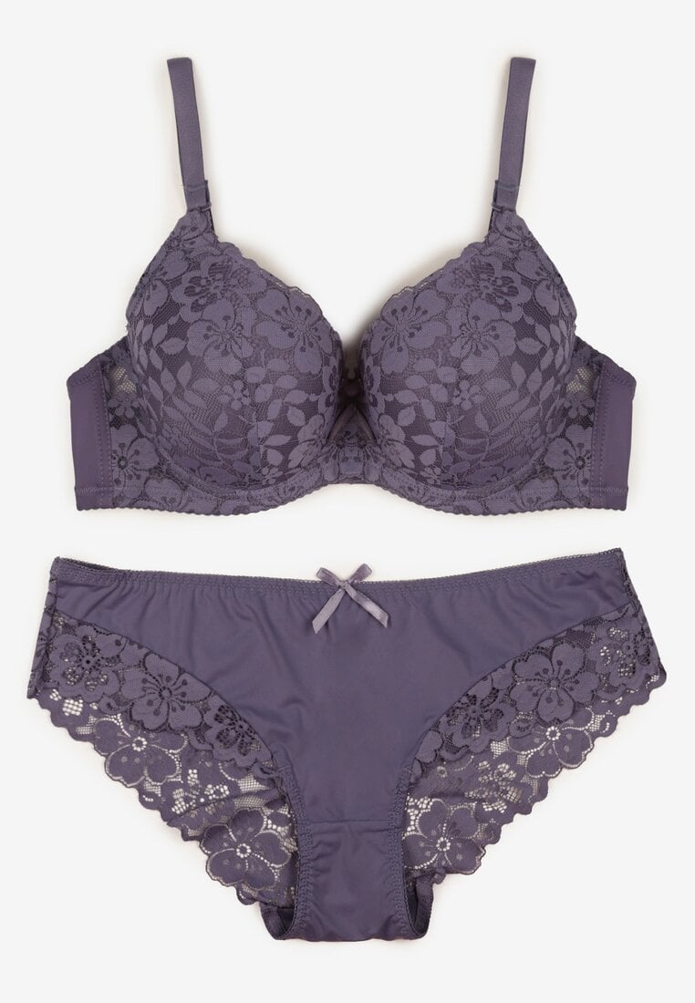 Fioletowy Koronkowy Komplet Biustonosz i Majtki Figi w Klasycznym Stylu Ezirene