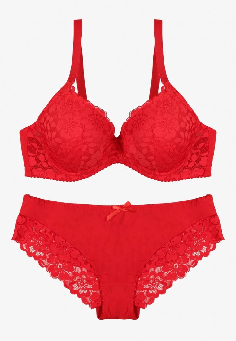Czerwony Koronkowy Komplet Biustonosz i Majtki Figi w Klasycznym Stylu Ezirene