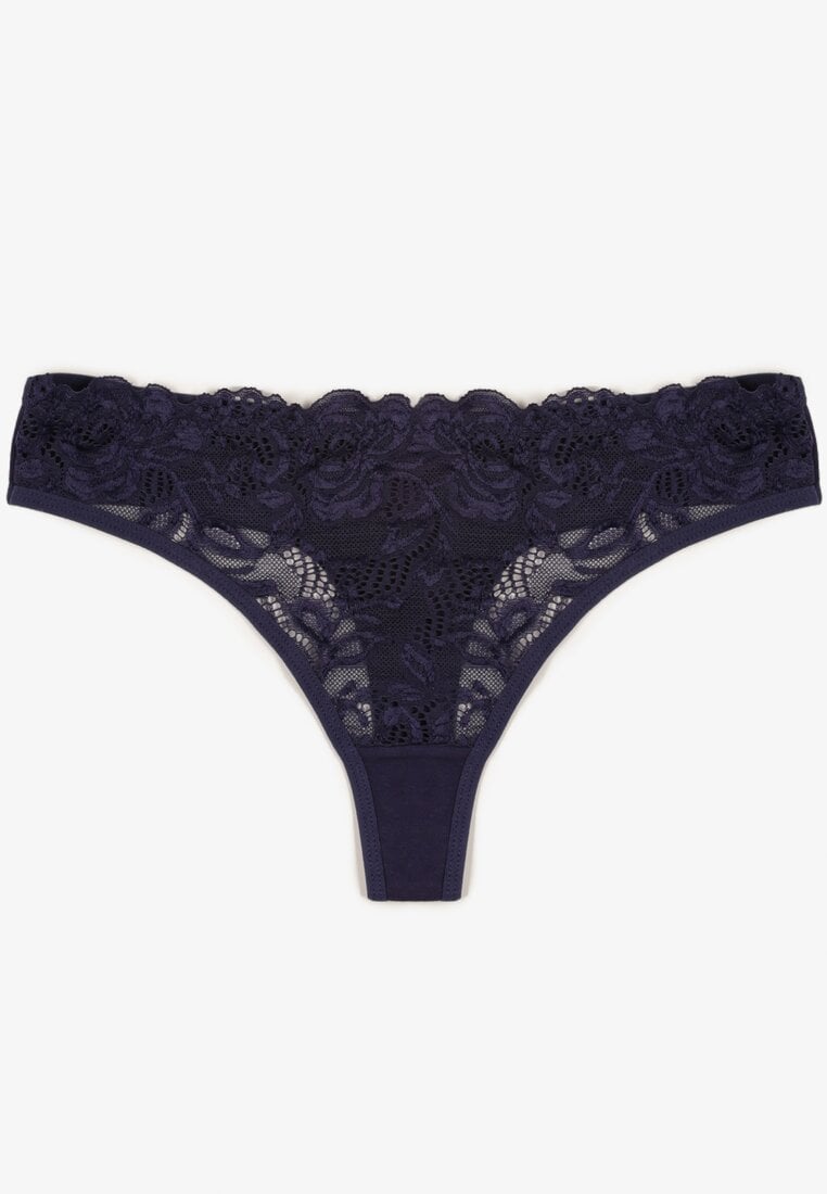 Granatowe Bawełniane Majtki Stringi z Koronką Ilwedana