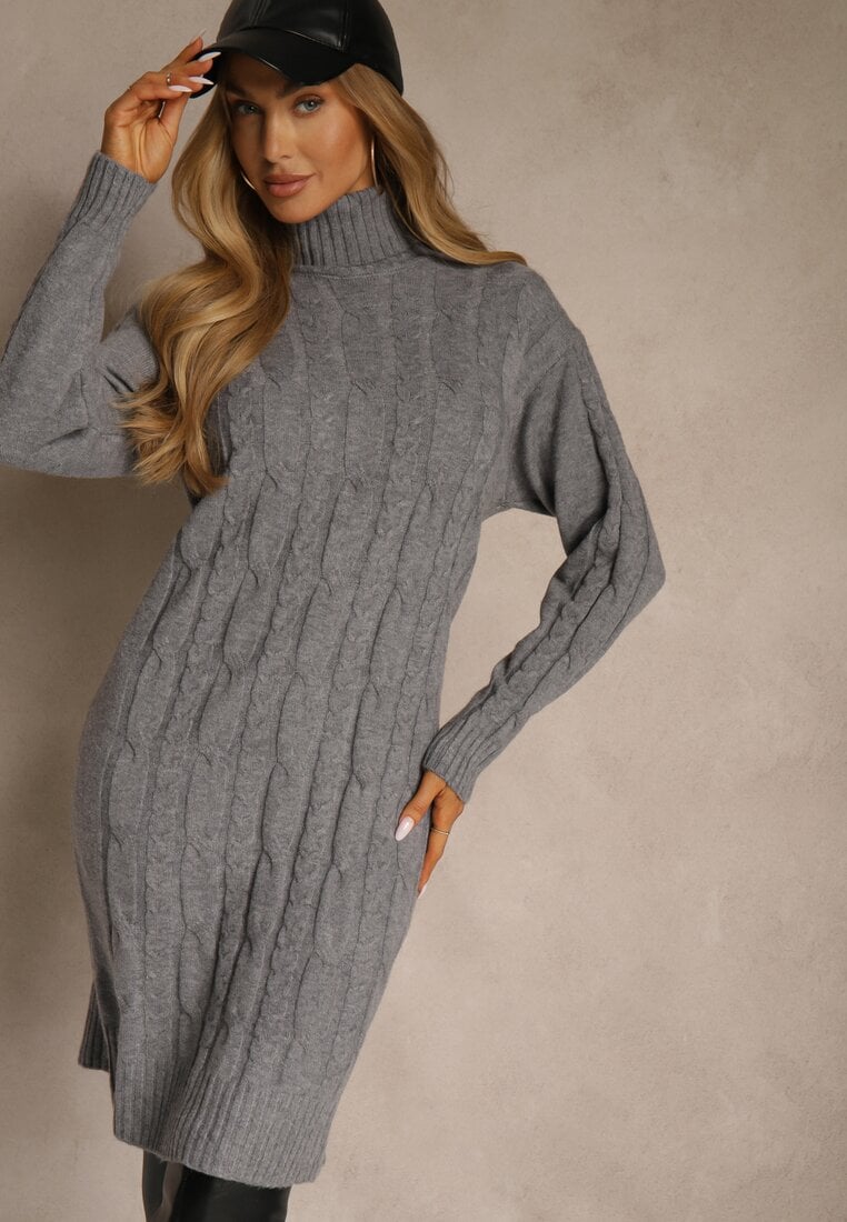 Szara Sukienka Sweterkowa z Golfem Wełną Bawełną i Ozdobnym Splotem Reilenea