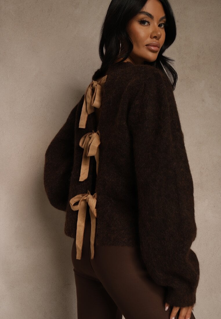 Brązowy Kardigan z Wełną Zdobiony Bufiastymi Rękawami i Wiązaniem na Plecach Tusfina