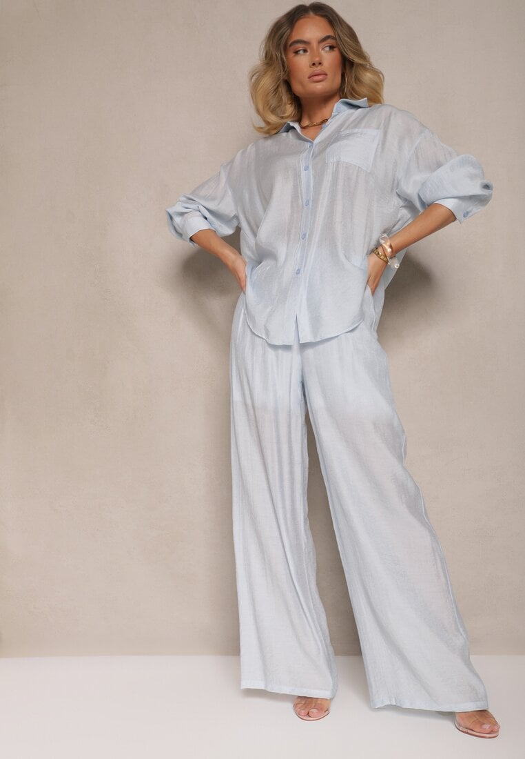 Jasnoniebieskie Spodnie Palazzo High Waist z Szeroką Nogawką i Gumką w Talii Jenarielis