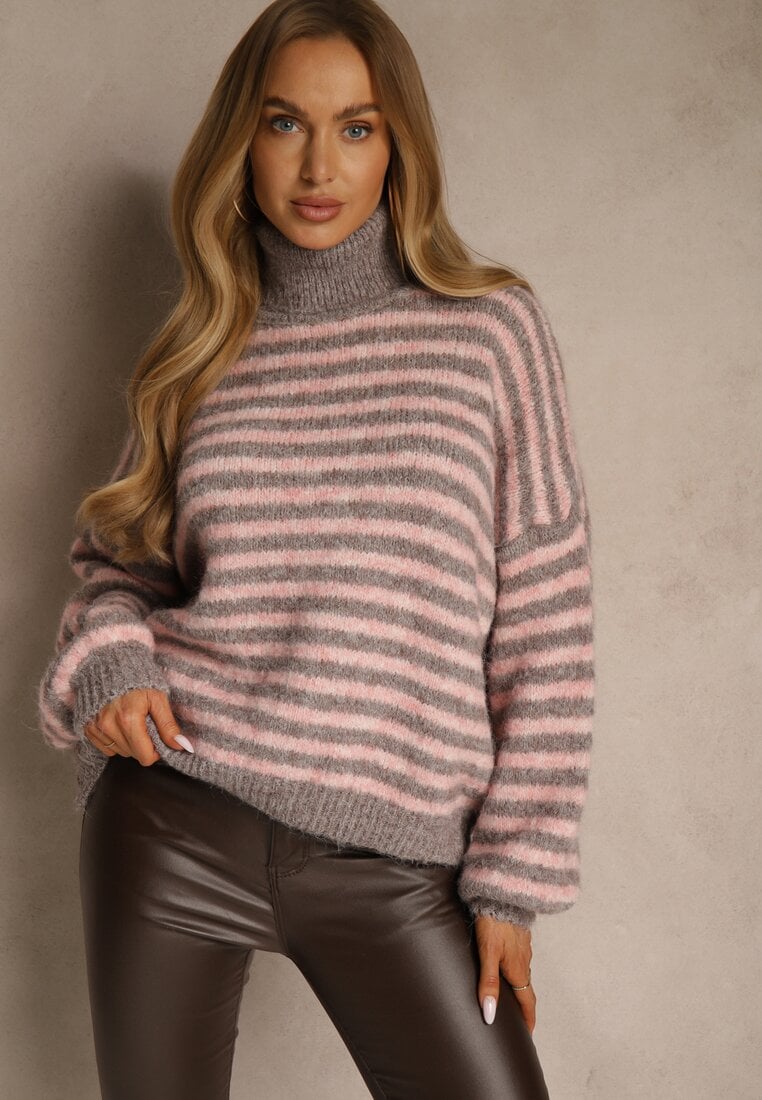 Szaro-Różowy Golf z Dodatkiem Wełny Ozdobiony Paskami Monarria